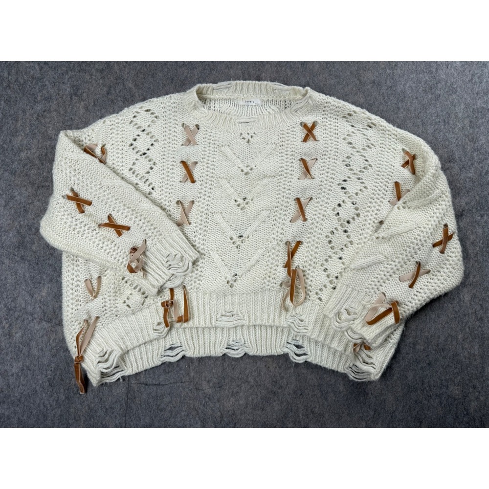 Lovely Sweater Womens OS Cream Knit Distressed Lace Up Boho Oversized Cable Top